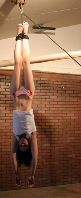 fuckiamsexedout:  Young slave girl hung upside