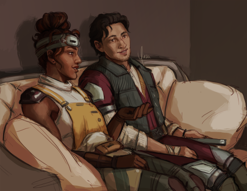 yinza:Parvati and Felix from The Outer Worlds watching TV together for a friend!