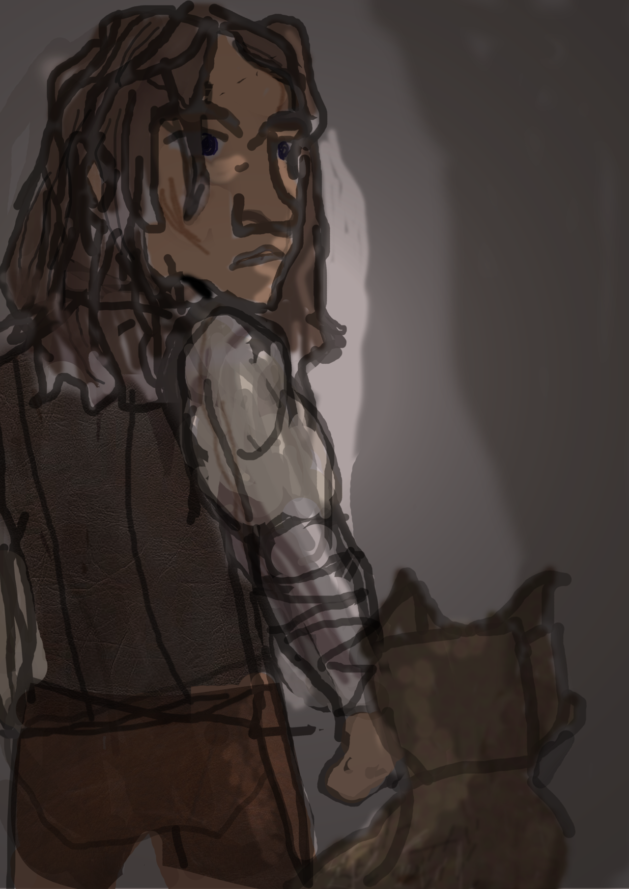 a digital drawing of Haplo from the death gate cycle and his dog, in front of a shadowed background. Both figures have their backs turned to the viewer, and Haplo is looking over his shoulder with a quiet dark expression. He has long brown hair with white tips, and is wearing a leather vest on a short sleeved shirt, with his arm covered by bandages up to the wrist. the dim light ahead reflects on his face.