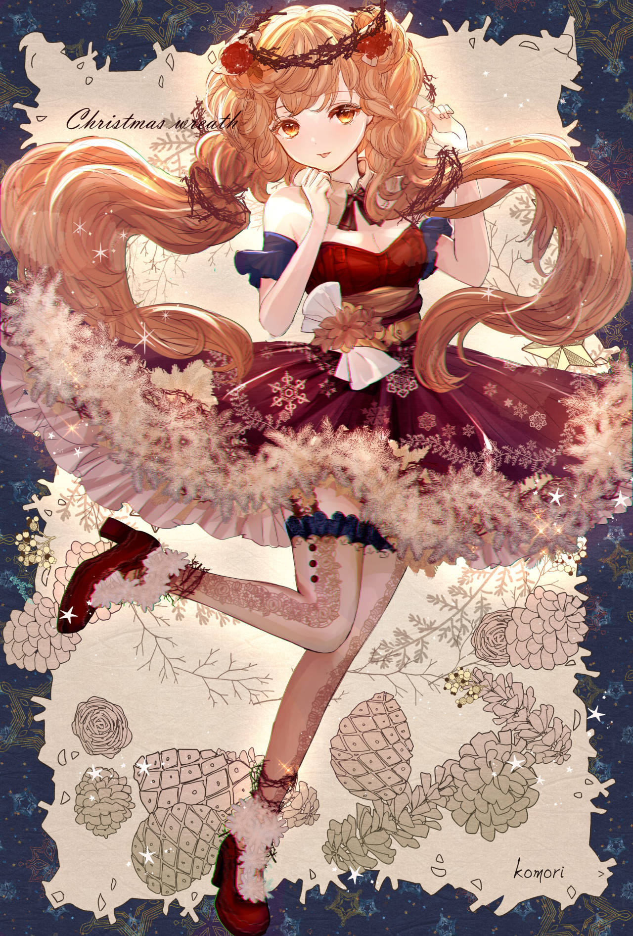 女の子 イラスト 創作 少女 絵 クリスマスリースドレス