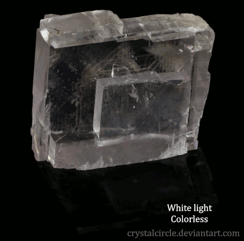 cc-da-wolf:Same calcite crystal, but under different wavelengths of light…two of which are beyond ou