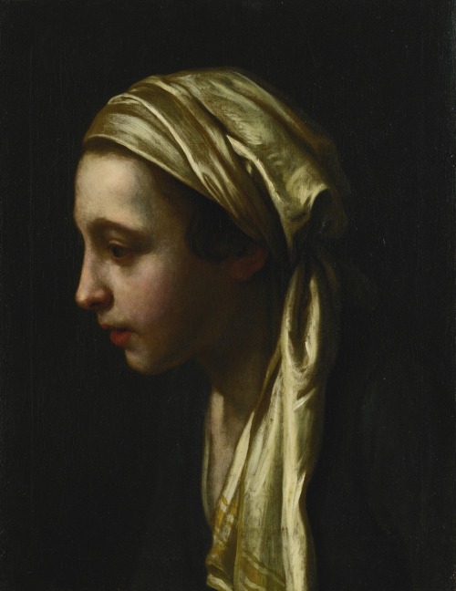 A peasant girl in profil wearing a white scarf.Oil on Canvas.45.2 x 33 cm.Art by Pietro Antonio Rota