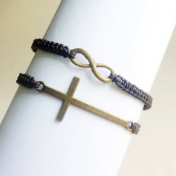 allcraftsharing:  Get 15% OFF for Christmas in Jyly CIJ 15% OFF Set of 2 Antique Brass Infinity and Cross Black Friendship Bracelets - Mens Bracelet - Gift under 25 - Choose Your Color of Bracelet click here http://tinyurl.com/kmq6mb5  