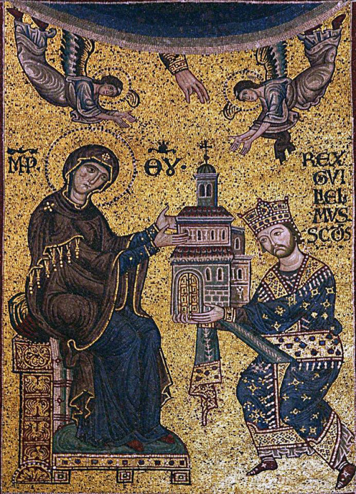 William II of Sicily dressed as a Byzantine Emperor, dedicates the Monreale Cathedral to the Virgin.