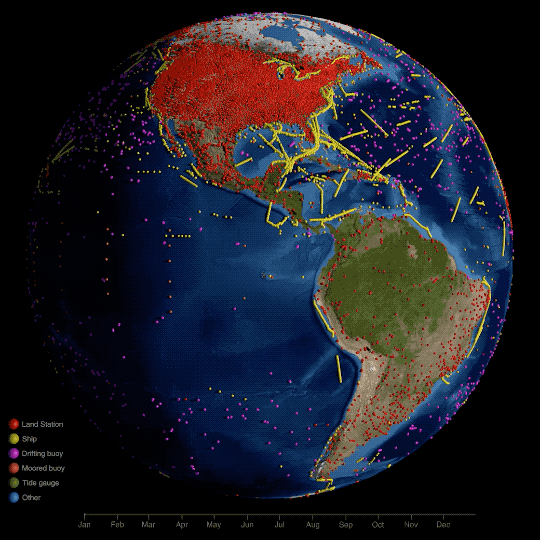 Visualization of Earth, rotating, speckled with tiny dots in various colors, representing surface temperature measurements taken over the course of a year. Most of the land surfaces are heavily covered in red dots, which represent land measurements. Yellow dots create streaks across the ocean, representing measurements taken by ships. Pink dots irregularly scattered across the ocean represent measurements from floating ocean buoys. Orange dots similar across the ocean represent measurements from moored buoys. Green dots, primarily along coasts, represent tidal gauge measurements. Finally, a handful of blue dots represent all other measurement locations. Credit: NASA’s Scientific Visualization Studio