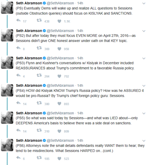 Sessions Testimony Twitter-thread from Seth Abramson, former prosecutor and professor of Journalism,