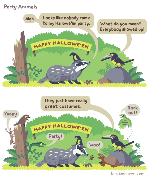 birdandmoon:
“Happy almost-Hallowe’en! Here are some of my favorite camouflaged critters. The animals in this comic are: European badger, collared aracari, common potoo, a stick insect, green vine snake, wood turtle, green broadbill, and a couple of...