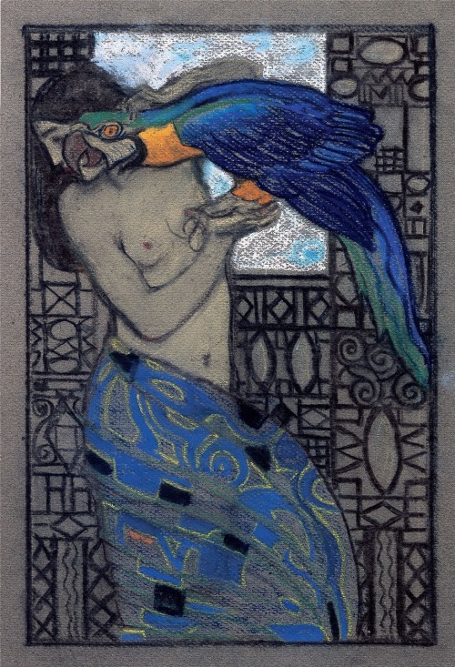 amare-habeo:Josef Maria Auchentaller (Austrian, 1865 – 1949)The Blue Parrot, N/DPastel on paper