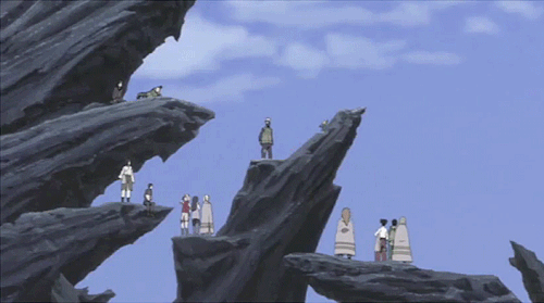 uchihasavior:  Here, have a short gif of Naruto tossing himself off a cliff in embarrassment after the rest of the shinobi around him thought he was in love with Kakashi. From the final few minutes of Inheritors of the Will of Fire. 