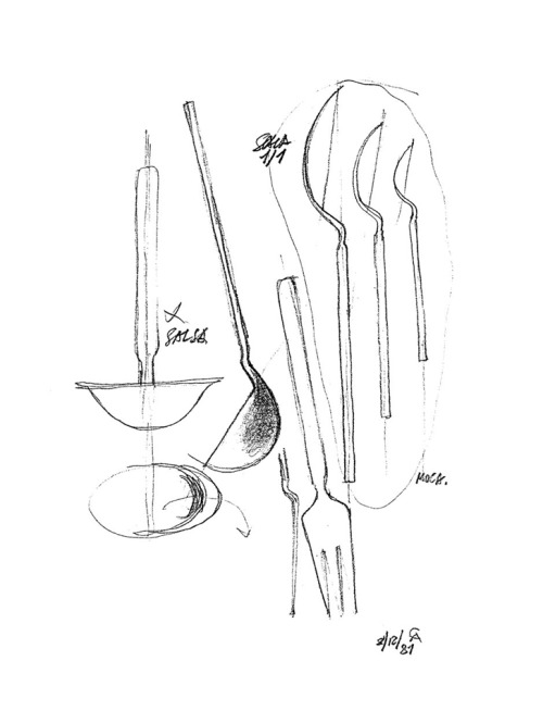 design-is-fine:Achille Castiglioni, Sketch for Dry cutlery set, 1982 Archivio Alessi. Source: Neue 