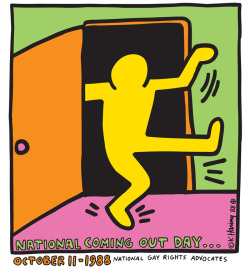 mrstrangebob:  chocotacosupreme87:  keithharingdaily:  Happy National Coming Out Day! National Coming Out Day, 1988Keith Haring    OH DEAR GOD. 