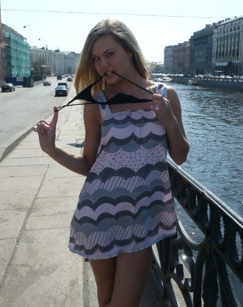 peepys-roadrunner:  Cute little blonde slut shyly exposes herself around town.  I love how she takes her panties off right in front of people!