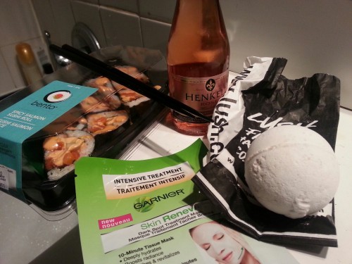 Saw it frist on tumblr so I had to try my hand at sushi/champagne bubble bath while watching America