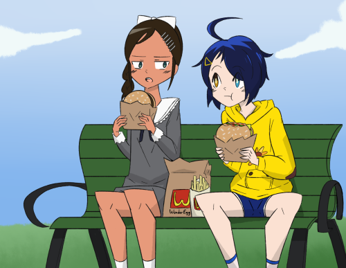 Just a quick doodle of Ai and Neiru eating burgers. Y'know, like friends do.