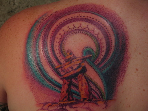 Northern lights and Inukshuk.Tattoo by Daemon Rowanchilde.www.urbanprimitive.com