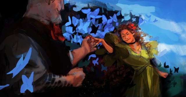 a digital illustration of hades and persephone the hadestown musical dancing. hades is dressed in a white shirt and pure black vest that melts with the night sky behind him. Persephone is wearing a green dress with her hair up. they're holding each other's hand and behind it the night sky is bursting into blue butterflies turning into a blue sky behind persephone. they are smiling at each other.