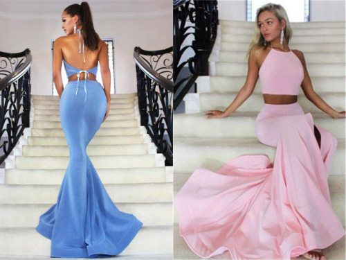 bohogown:  #Beautiful #Mermaid 2 Pieces Simple #PromDresses,#Blue Prom Gowns,#Pink Prom Dresses For 