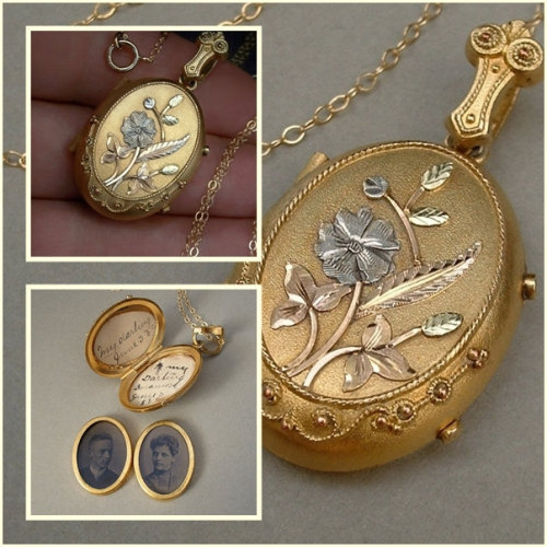 Antique VICTORIAN Locket 10K Gold Filled Dated PROVENANCE Love Token Tintype Photos Memento Mourning