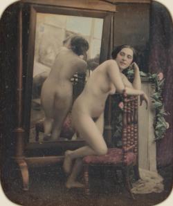 chubachus:  Hand-colored daguerreotype portrait of a nude woman, c. 1852. By Félix-Jacques Moulin. Source. 