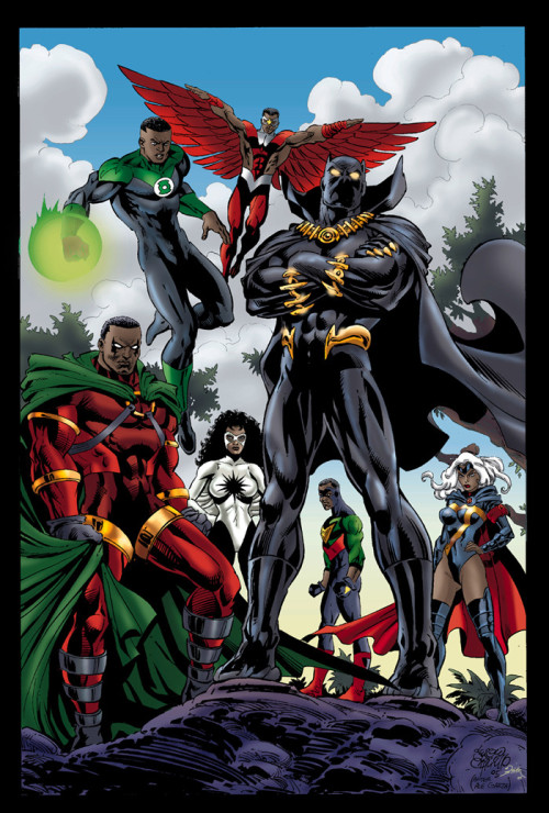 superheroesincolor:Black Panther and Crew  Art by Sergio CarielloGet the Black Panther comics  here[