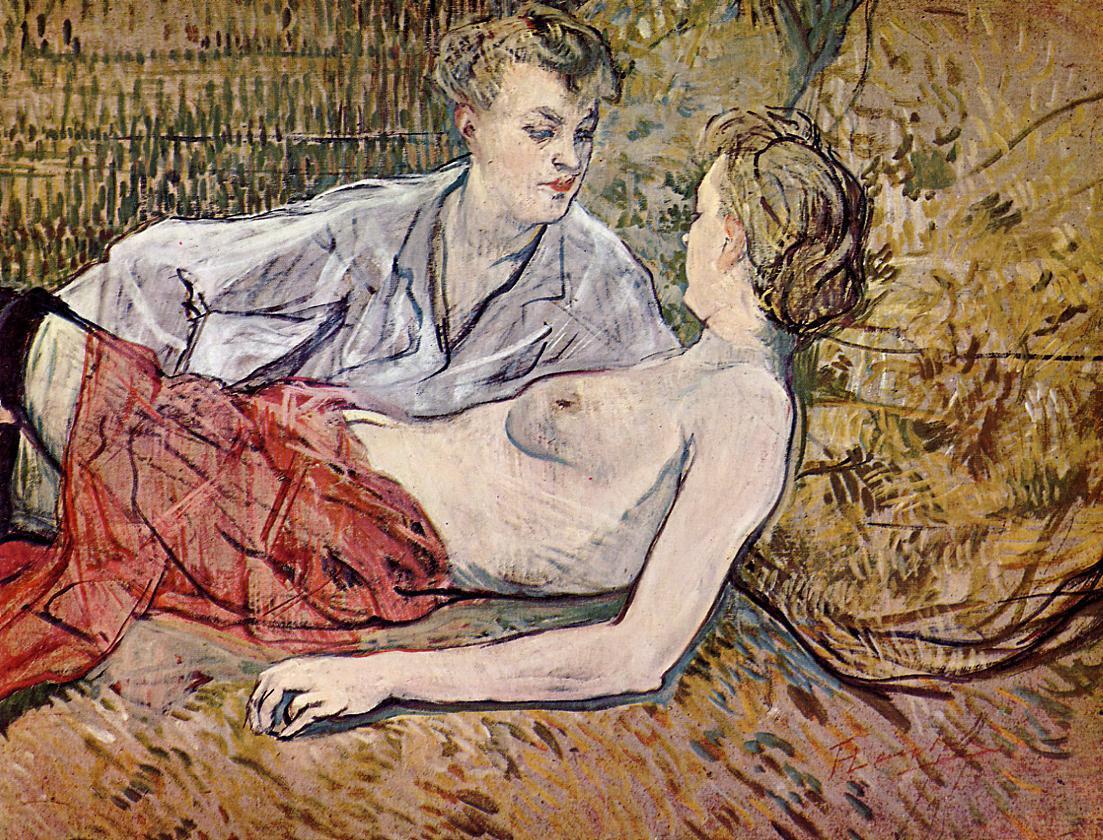 artist-lautrec: Two Friends by Henri de Toulouse-Lautrec Medium: oil on cardboard