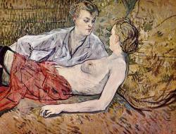 artist-lautrec: Two Friends by Henri de Toulouse-Lautrec Medium: oil on cardboard