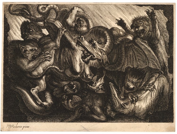 demoniality:  Hell, with devilish creatures, a print by Jonas Suyderhoef after Peter