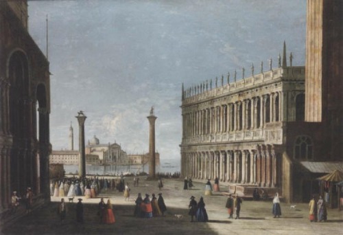 Apollonio Domenichini (1715 - 1770)Elegant figures in the Piazetta, Venice, looking south with a vie