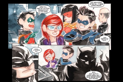 thedarkdamsel:Oracle! Nightwing with blue finger stripes! Damian!!!Gotta love Li’l Gotham