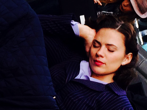 peanutbucky-blog-blog:  Perfect angel Hayley Atwell napping where she can on Agent Carter’s set. 