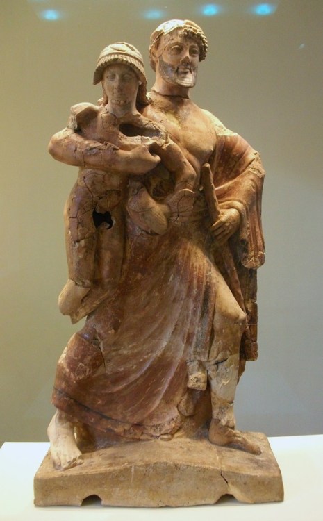 lionofchaeronea:Corinthian terracotta sculpture representing Zeus abducting Ganymede.  Artist unknow