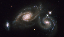 sci-universe:   Colliding galaxies.(Image credit: ESA, NASA, Gemini Observatory)   I think they are my favourite objects in outer space.  awesome