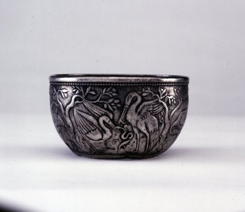 via-appia:Silver bowl decorated with pairs of cranes and storks, with snakes and water-plants beneat