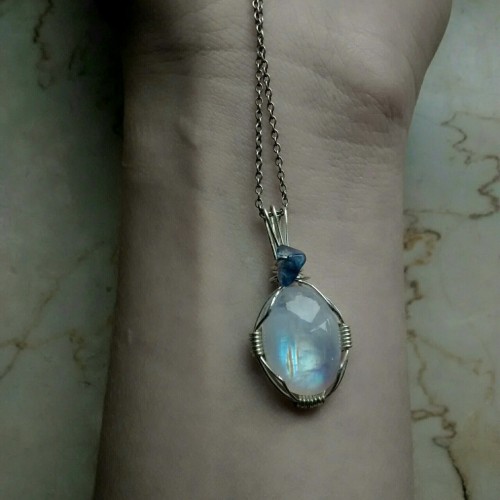 90377:my second attempt with wire, rainbow moonstone and tanzanite aura quartz crystal bead. this pe