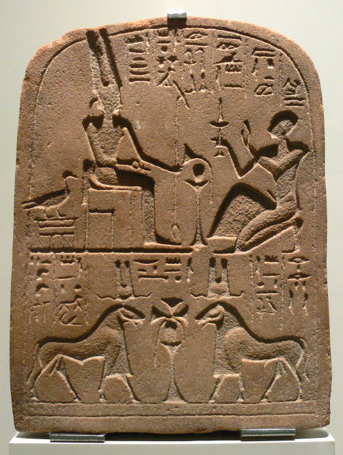Ancient Egyptian stele depicting the god Amun-Ra as a man, goose, and ram.  Artist unknown; 25th (Nu