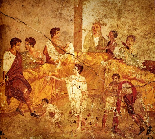 romegreeceart:Roman fresco depicting a family feastPompeiiSource: By my scan. Unknown painter before