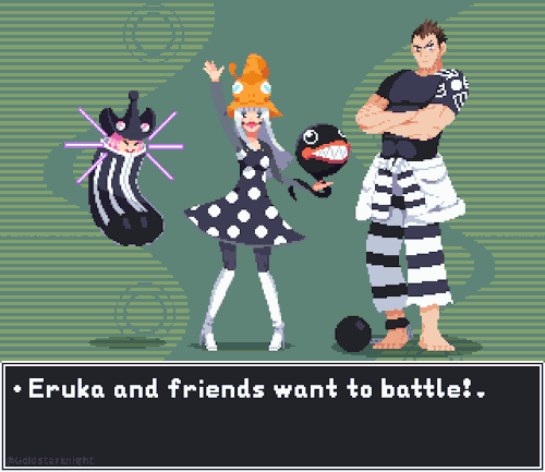A battle intro screen resembling an old SNES-era RPG. Three characters from the anime/manga Soul Eater are depicted here. From left to right: one of the Mizune sisters with her pink laser-whiskers, Eruka Frog with one of her tadpoles floating over her right hand (viewer's perspective) and Free in his human form. Mizune and Eruka seem quite chipper (Eruka is waving toward the viewer), while Free looks more reserved and has his arms crossed in fornt of his chest.
A black textbox with white text below reads: "• Eruka and friends want to battle!"
The animated background is a light green with darker lines moving downward. A wavey dark green shade and some circles around it fills out the center of the backround, framing Eruka.