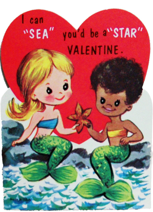 thepeacockangel:   Vintage Valentine c. 1960s  Is this an interracial lesbian mermaid couple?  Because I’m going to interpret it that way regardless 