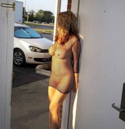 thesexualgourmetexposedinpublic:  Waiting to be seen, exposed, outside her motel room door…  Entrapment 