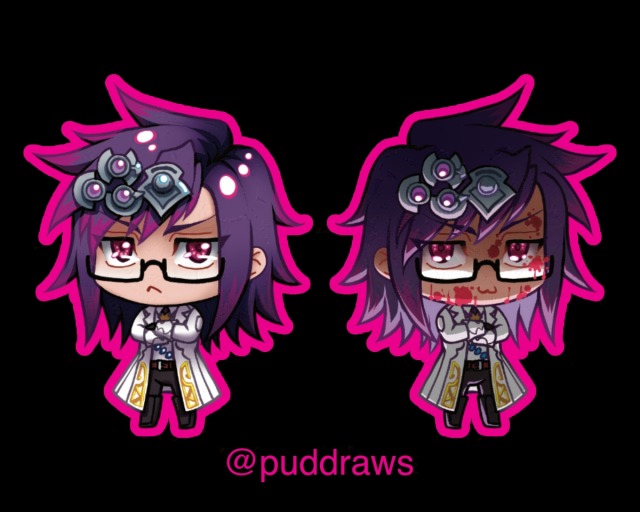 Front view: cute chibi-style Aulus looking grumpy with his arms crossed. Back view: same pose but there's blood splattered on his face and he's making a >:3 face as he's lit from below in a spooky way.