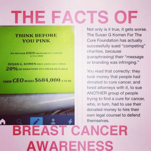 Breast Cancer Month has become about profits and the sexualization of Women. Don’t follow trends, If you want to support breast cancer research the company before you donate. #nopink #wakeup #PeopleOverProfits #breastcancer #showLove...