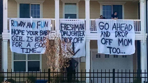 natural–blues:  informative-feminist:  controlledeuphoria:  bootyball-z:  caribbeanheaux:  micdotcom:  Old Dominon fraternity hangs disgusting banner to welcome freshmen girls Even in the best of situations, dropping off a child at college can be