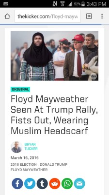 yooo-majesty:  thesleeping-iinsomniac:  On Wednesday, Floyd Mayweather attended a rally for Donald Trump in Youngstown, Ohio wearing a type of headscarf usually worn by Muslim women. Mayweather canvassed the crowd, fists out, daring anyone to take him