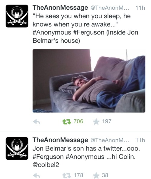 harleyhendrix:  princess-passion-flower:  browngirlblues:  inhysterics:  whitetears365:  Anon has officially started doxing. They are doxing Ferguson’s police Chief John Belmar and his family. They HAVE ALSO POSTED HIS ADDRESS ONLINE AS WELL. With the