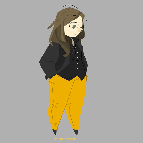 [Description: A cartoon version of myself wearing a dark blazer, dark button up, yellow pants and bl