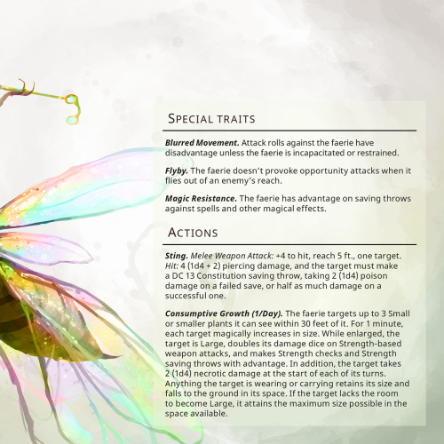 Vinefang Faerie – Tiny fey, neutral evilKnown as an eccentric collector of rare plants, the vi