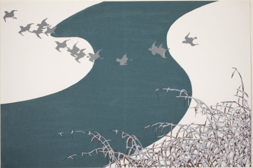 aleyma:Kamisaka Sekka, Plovers Flying Across a River Above Snow-Laden Reeds, 1909-10 (source).