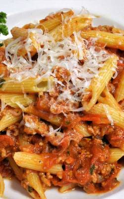 what2cook:  Recipe for Penne with Meat Sauce - Quick-to-grab ingredients make this hearty ground beef and pasta dish super easy. The start-to-finish time: 25 minutes. 
