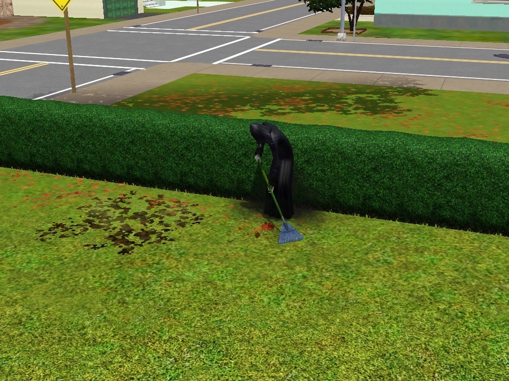 simsgonewrong:  Just orphaned three teens, but at least he’s cleaning the yard. 
