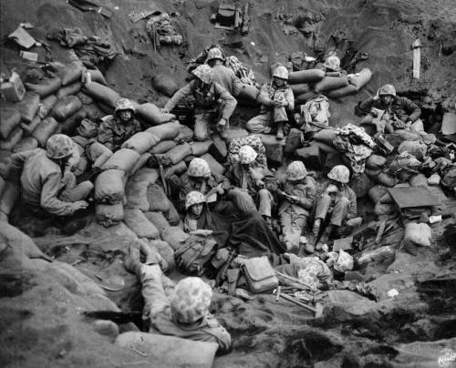 A Marine regimental command post at Iwo Jima, Japan, 1945.